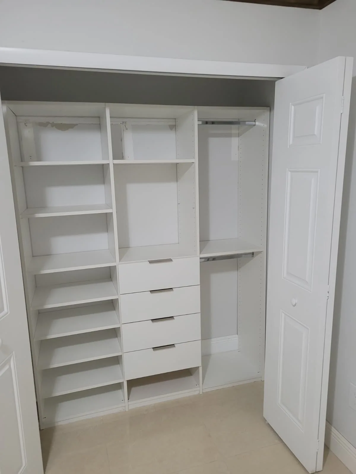 Reach-in closet system with drawers and double hanging
